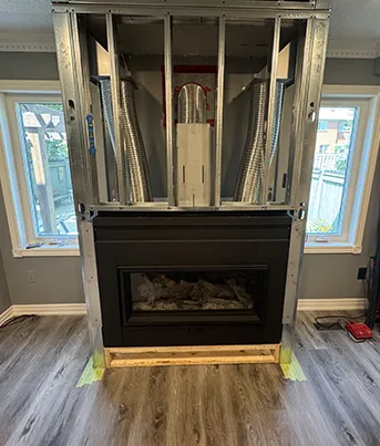 custom wood mantel, built-in fireplace